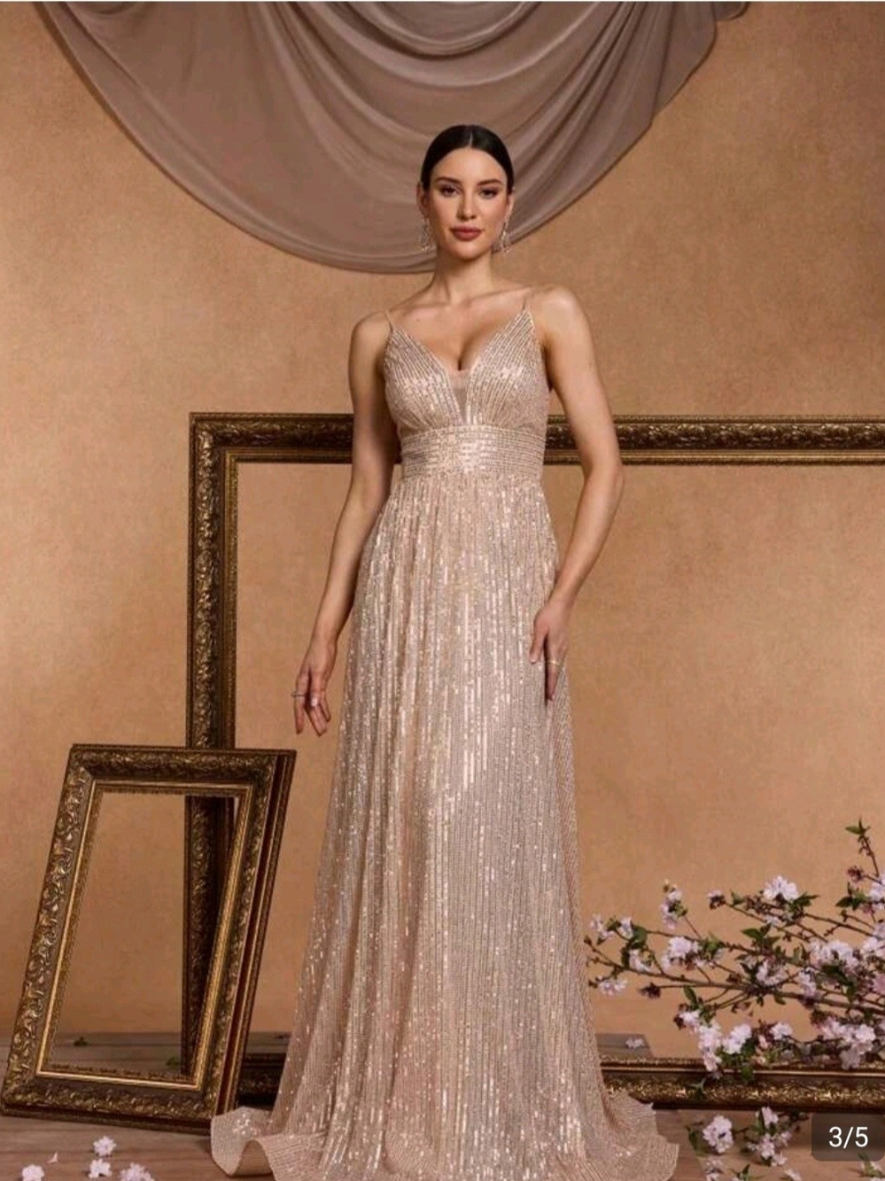 Beaded Champagne Prom Gown with Spaghetti Straps